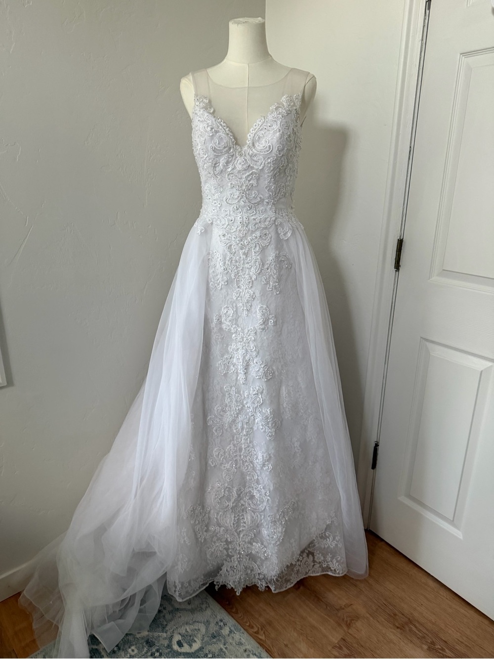Illusion Neck with Overskirt Wedding Dress | Size 6 | Lace & Tulle A-Line